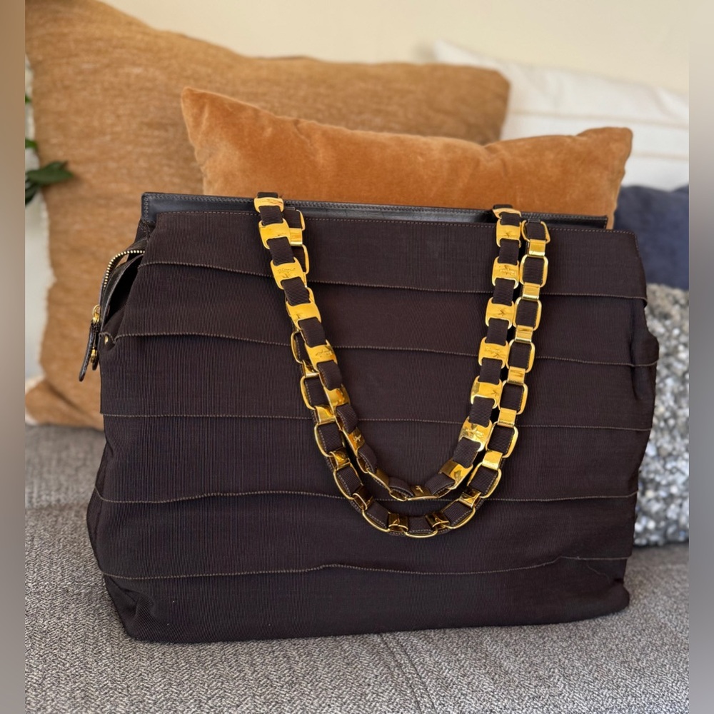Salvatore Ferragamo Vintage Brown Tote with Gold Chain-Link Straps - Picture 9 of 16